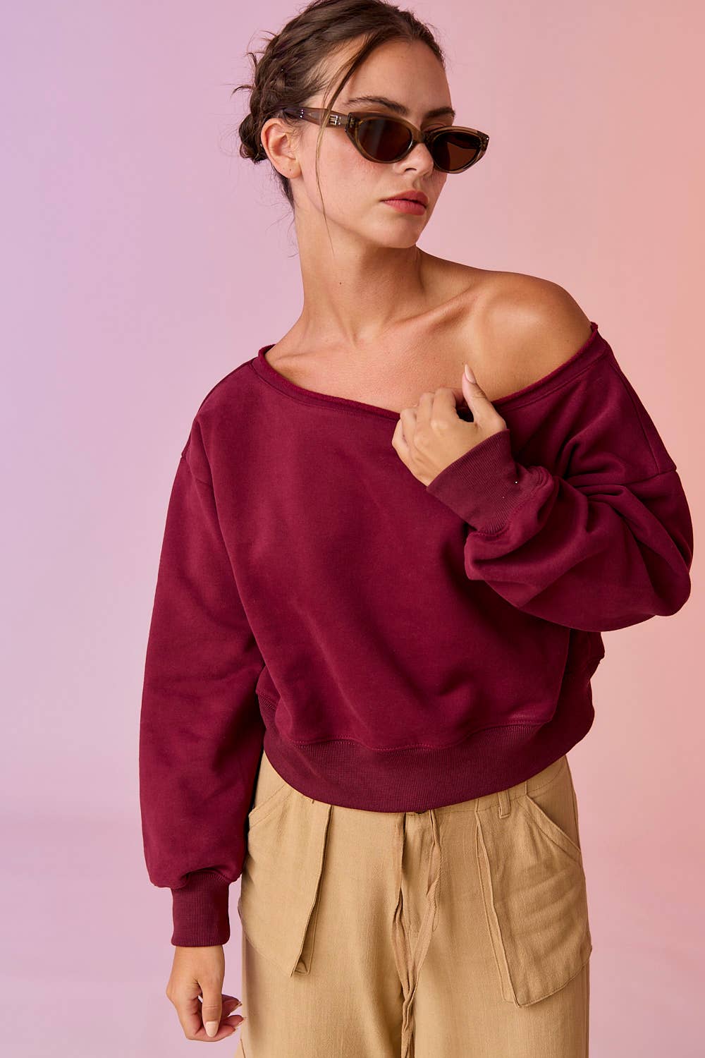 PT17835 - Alina Off Shoulder Cropped Sweatshirt: Pink