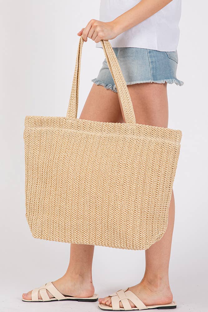 Solid Color Crochet Summer Straw Tote Bag: Taupe