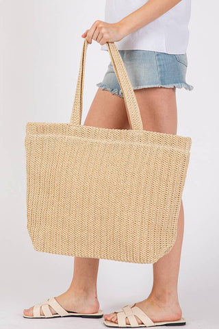 Solid Color Crochet Summer Straw Tote Bag: Yellow