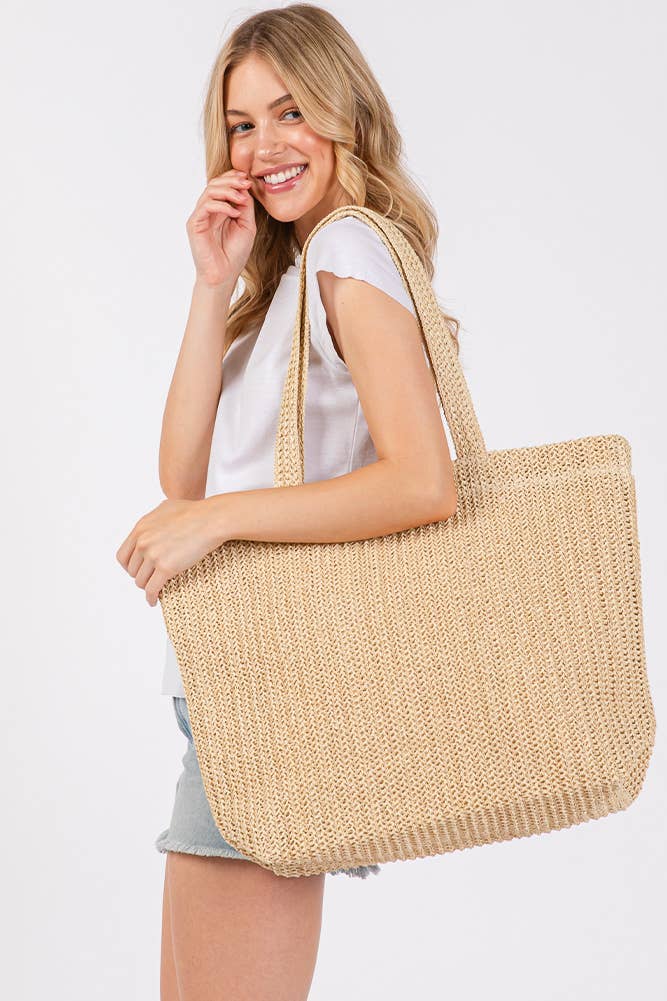 Solid Color Crochet Summer Straw Tote Bag: Taupe