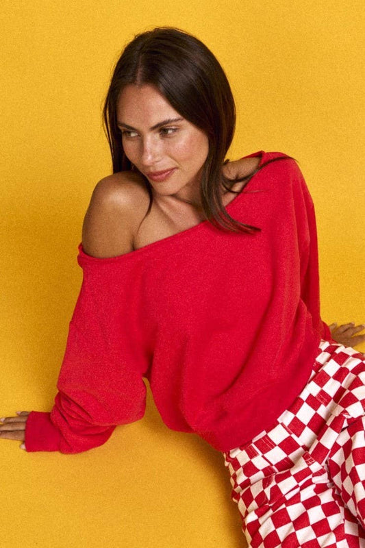PT17835 - Alina Off Shoulder Cropped Sweatshirt: Red