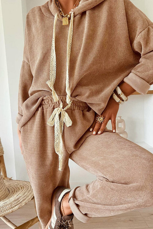 Parchment Leopard Drawstring Pullover Hoodie and High Waist Pants Corduroy Suit