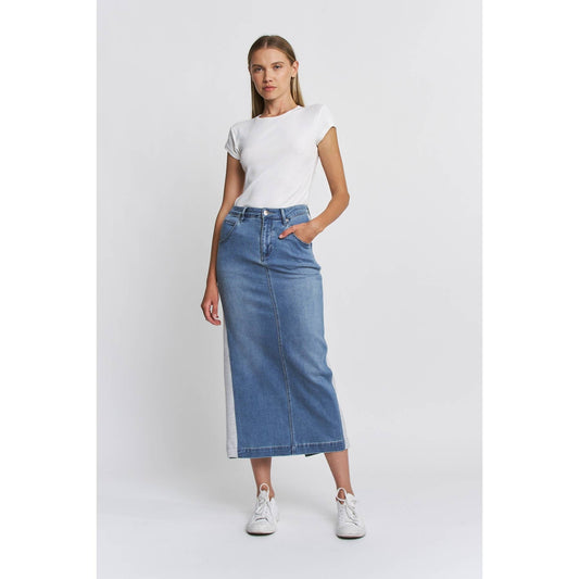 HIGH RISE MIDI SKIRT INDIGO PANELS: TERRY BLUE