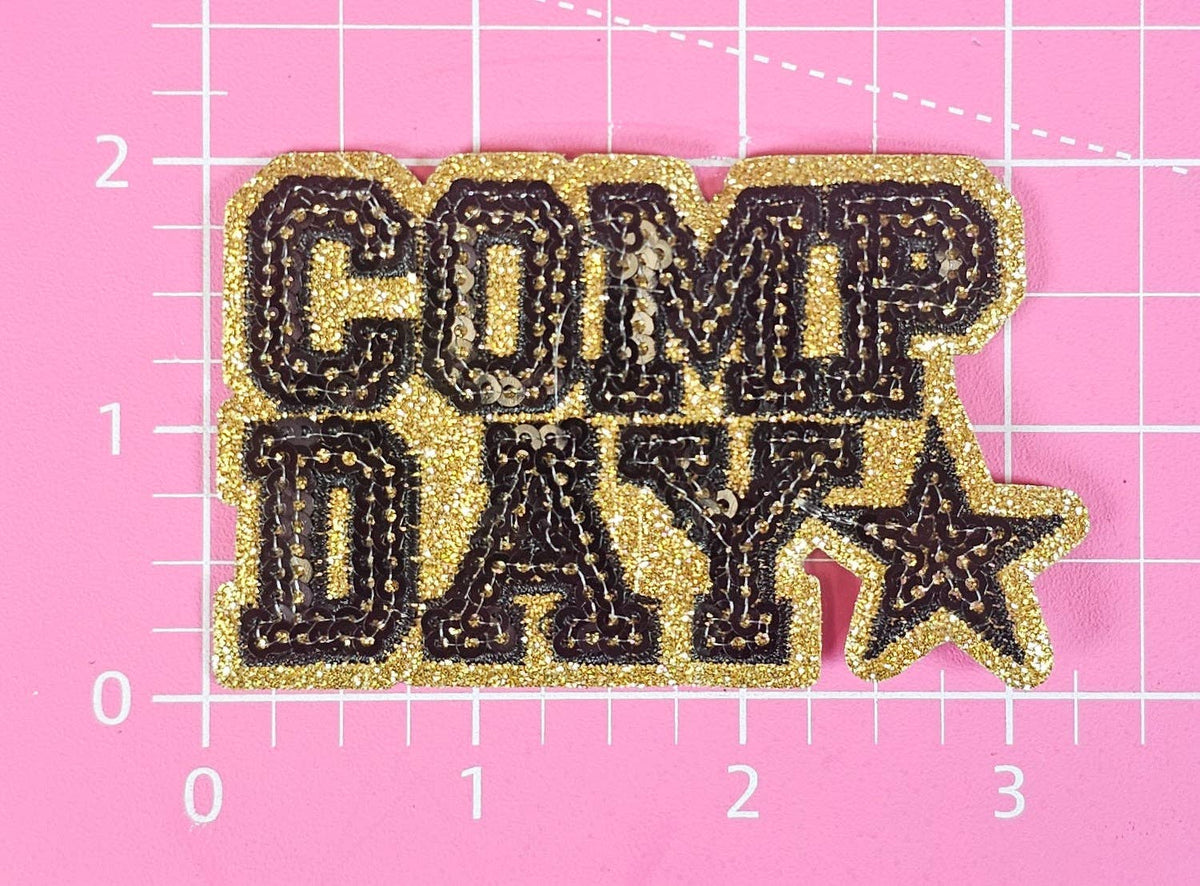 COMP DAY Cheer Dance Sequin on Glitter Small Iron-on Patch: Orange