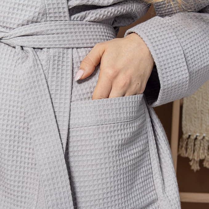 Lightweight Waffle Bathrobe, Spa Dressing Gown Kimono: Linen