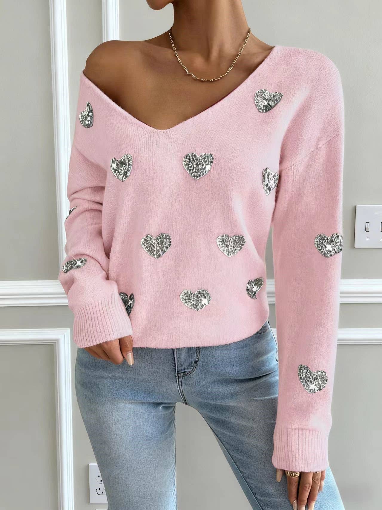 Valentines Sequin Heart Embroidered V-Neck Sweater