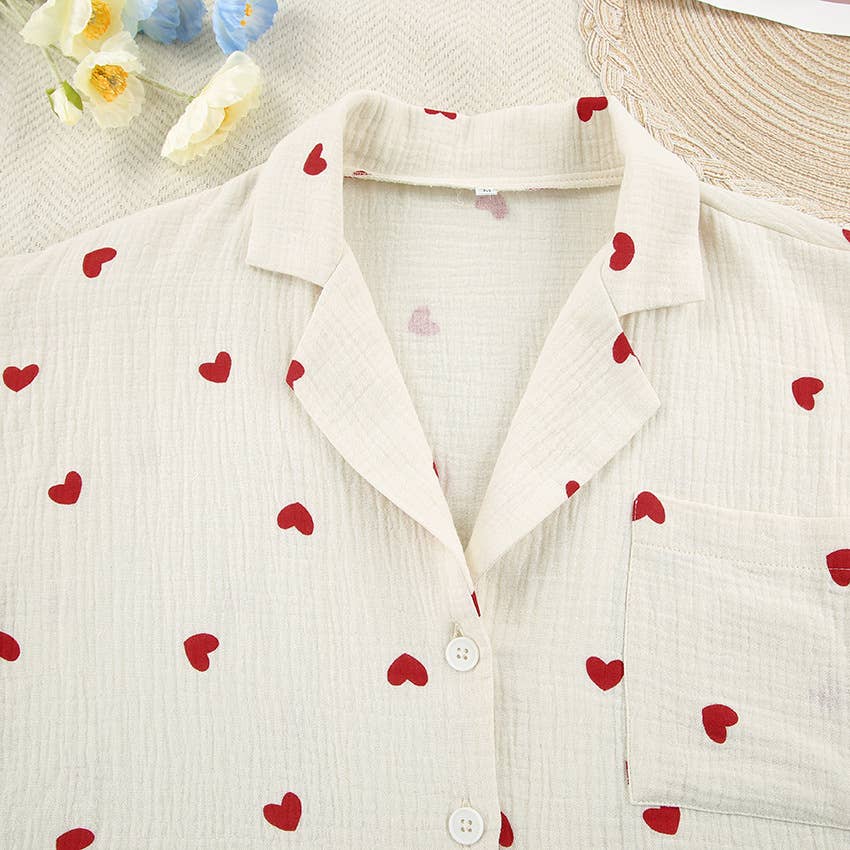 Valentine's Day heart print pajamas cotton loungewear set: Apricot