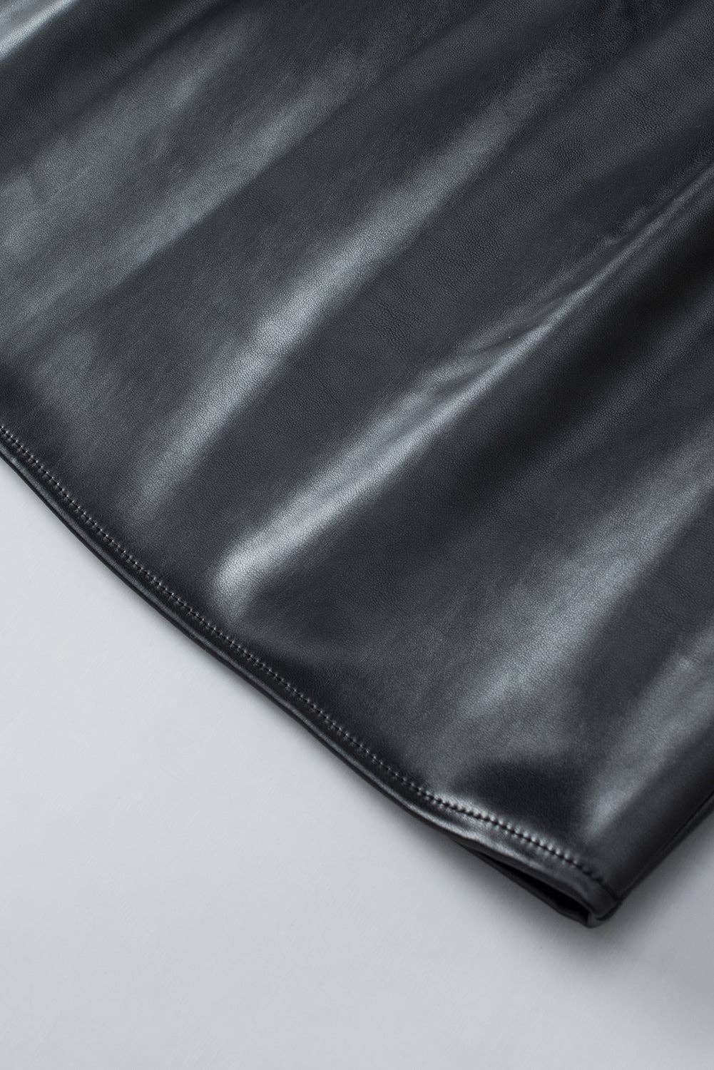 Black Faux Leather Crew Neck Tank Top: Black