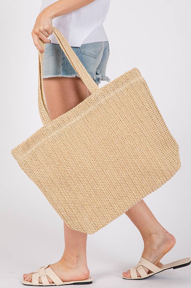 Solid Color Crochet Summer Straw Tote Bag: Taupe