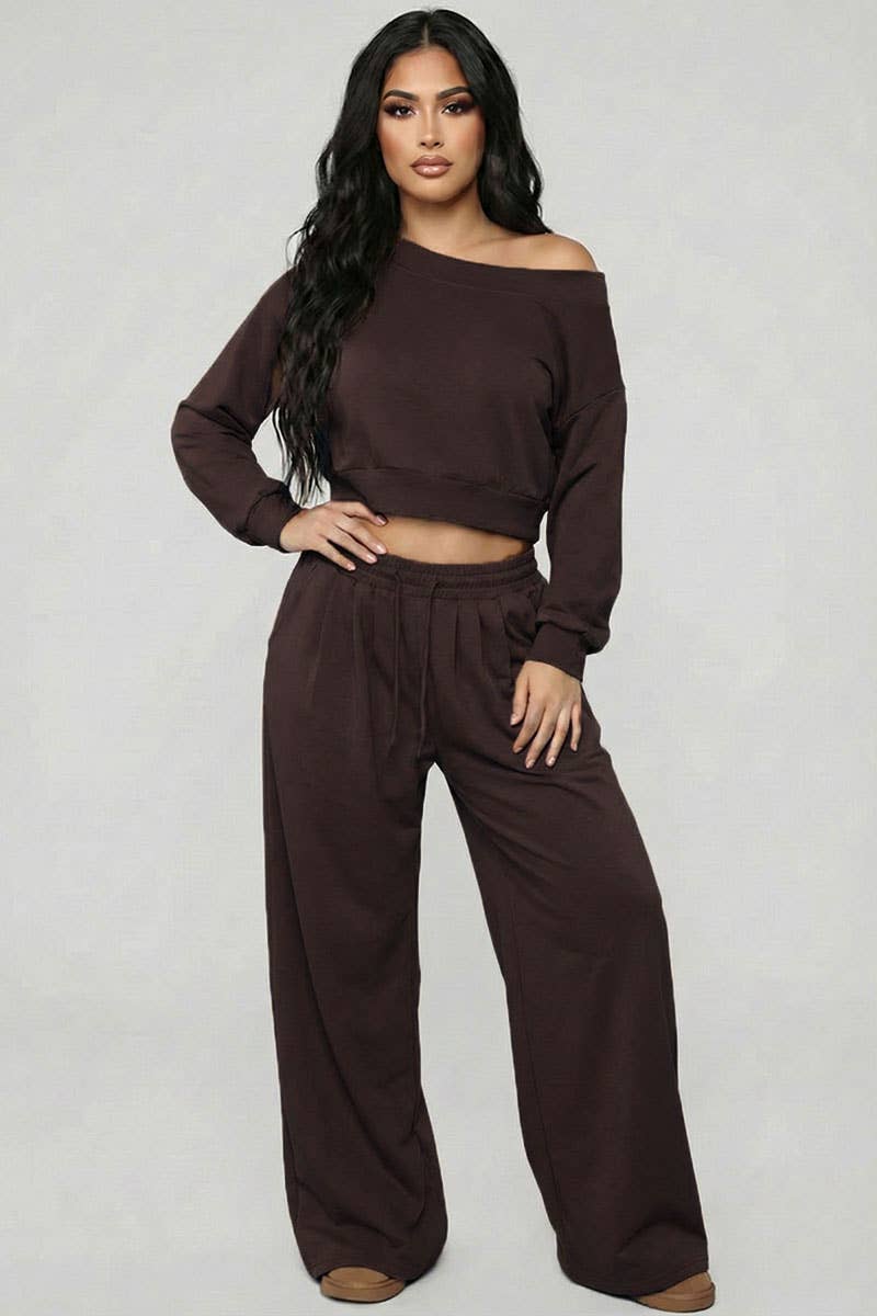 Effortless Ease French Terry Off-Shoulder Lounge Set: Charcoal Grey