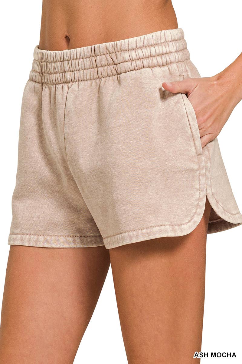 Acid Wash Elastic Waistband Fleece Shorts