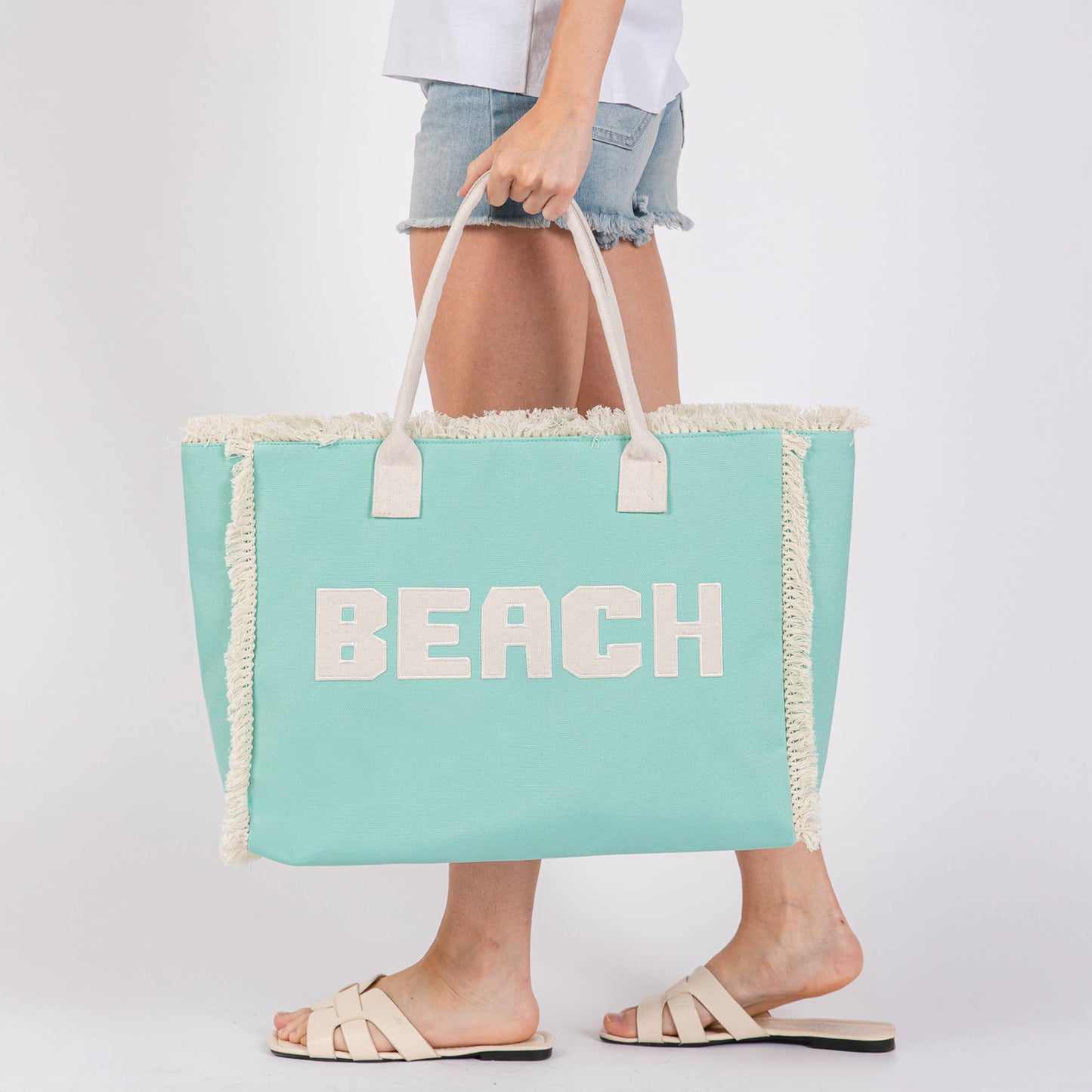 BEACH Embroidered Letter Fringe Summer Tote Bag: Blue