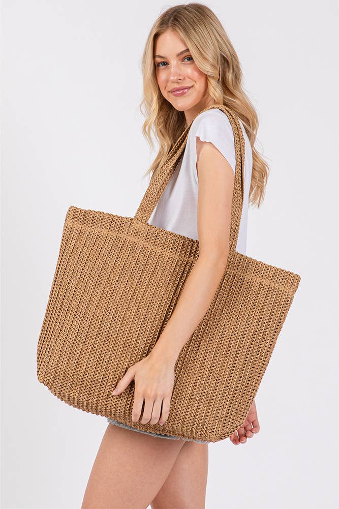 Solid Color Crochet Summer Straw Tote Bag: Taupe