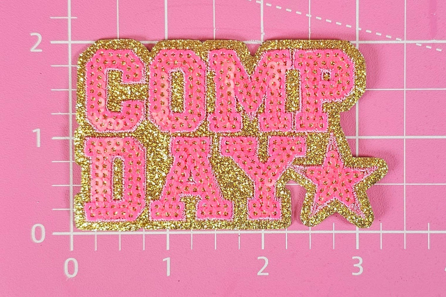 COMP DAY Cheer Dance Sequin on Glitter Small Iron-on Patch: Orange