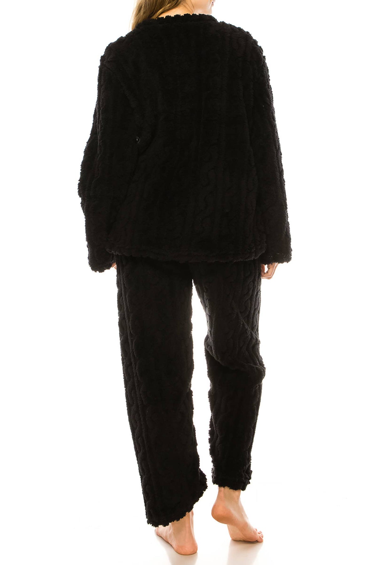 Cable Fuzzy Sherpa Fleece Pajama Sets: BLACK