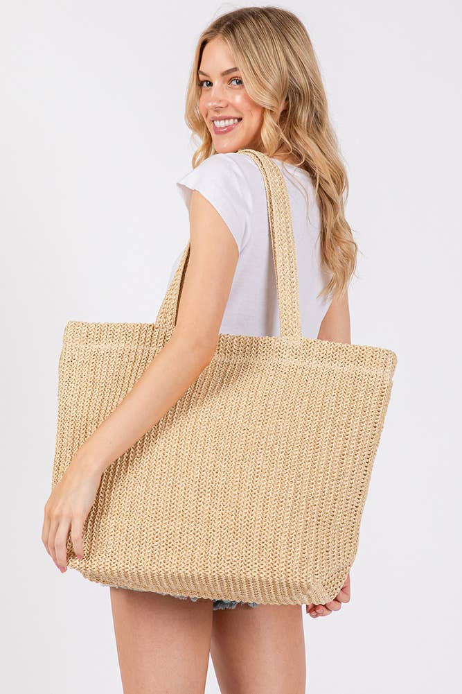 Solid Color Crochet Summer Straw Tote Bag: Taupe