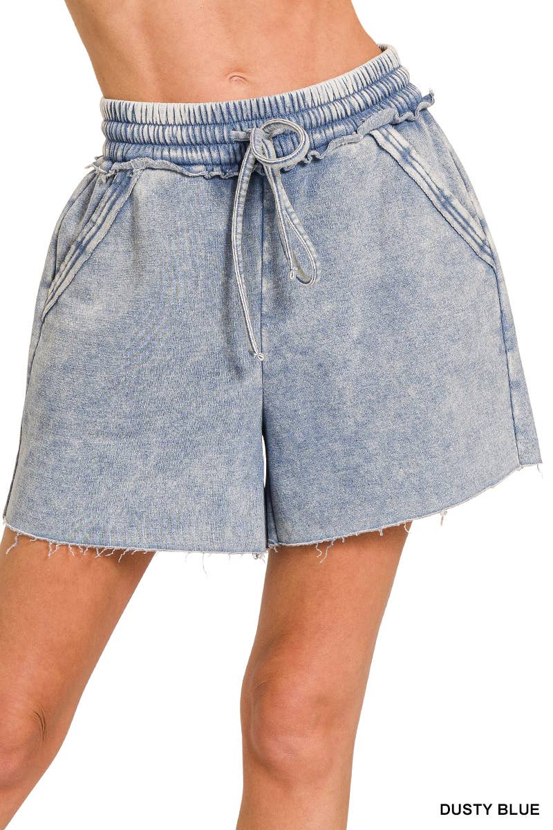 Acid Wash Elastic Waistband Fleece Shorts