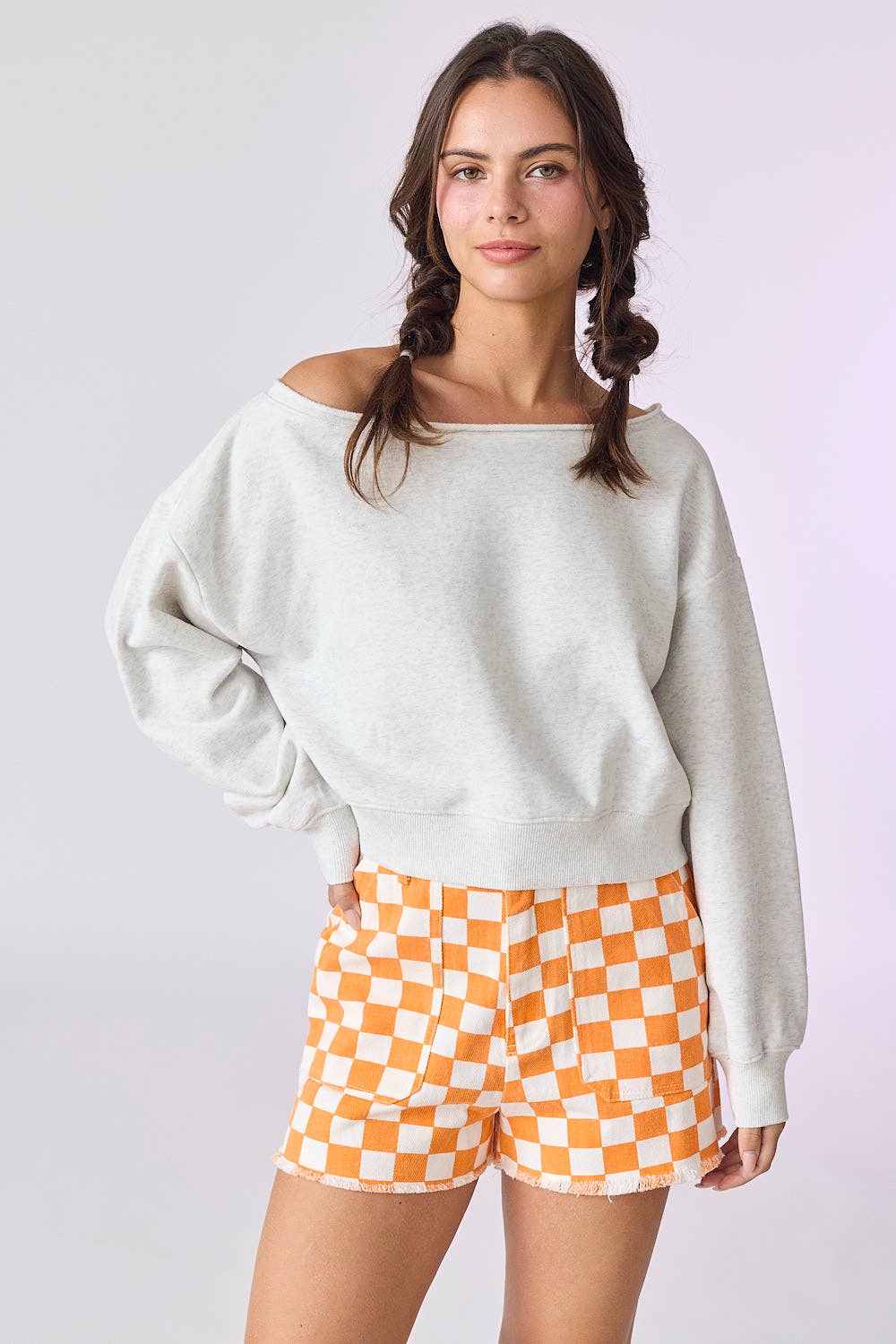 PT17835 - Alina Off Shoulder Cropped Sweatshirt: Light Grey
