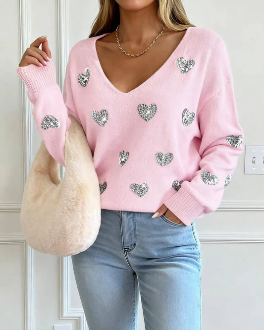 Valentines Sequin Heart Embroidered V-Neck Sweater