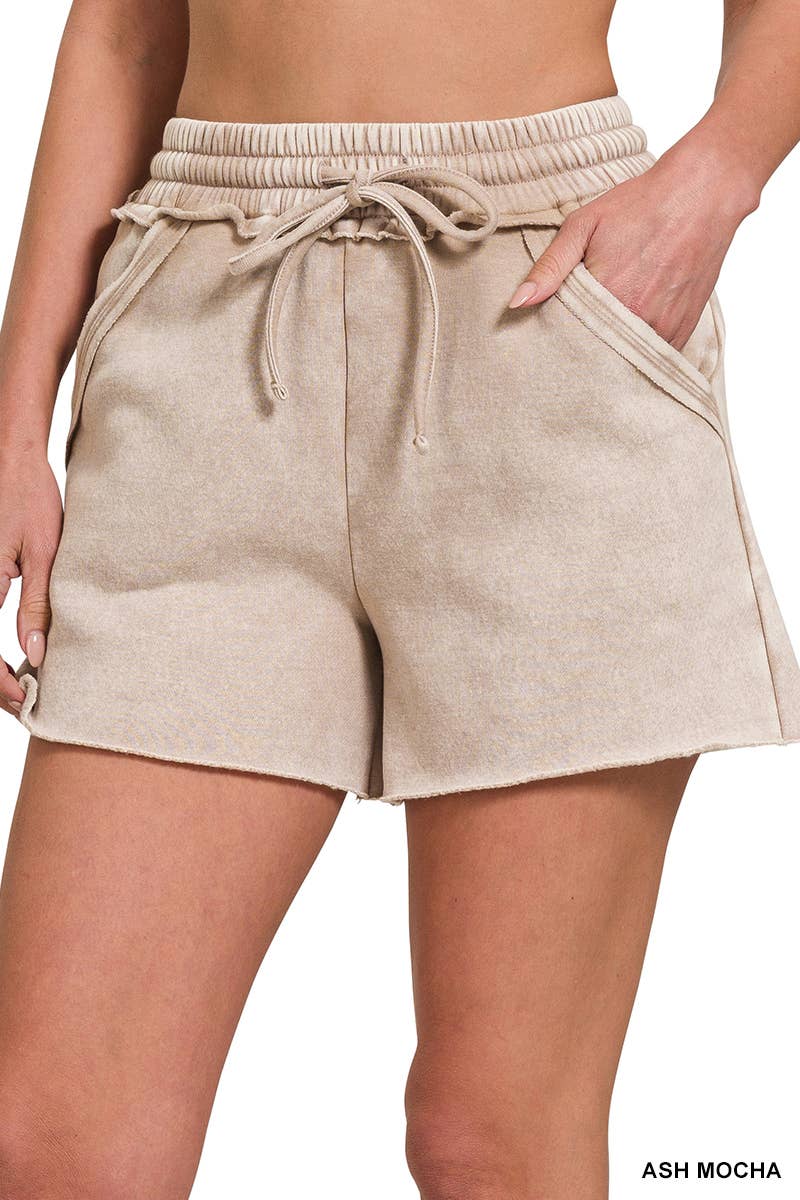 Acid Wash Elastic Waistband Fleece Shorts