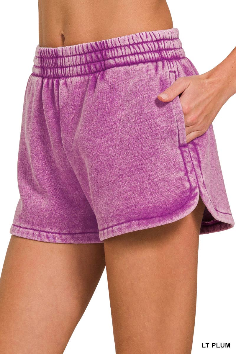 Acid Wash Elastic Waistband Fleece Shorts