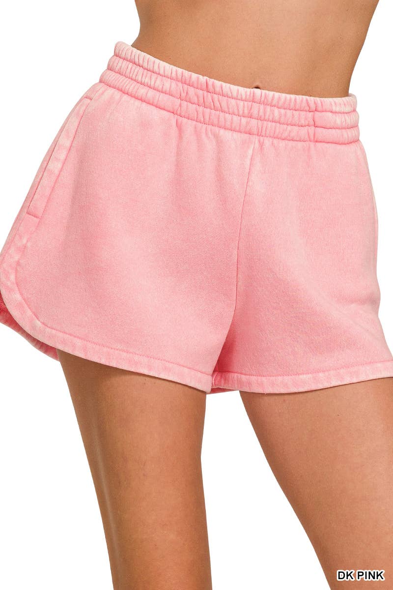 Acid Wash Elastic Waistband Fleece Shorts