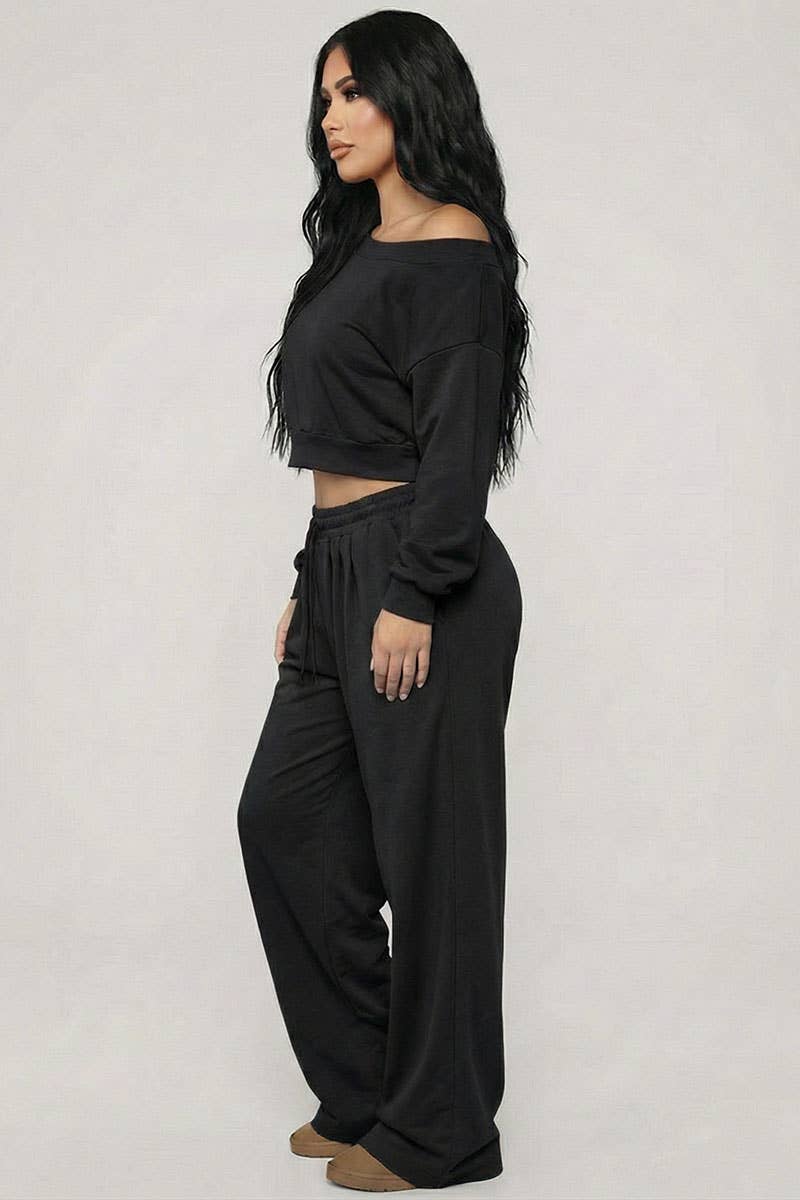 Effortless Ease French Terry Off-Shoulder Lounge Set: Deep Navy