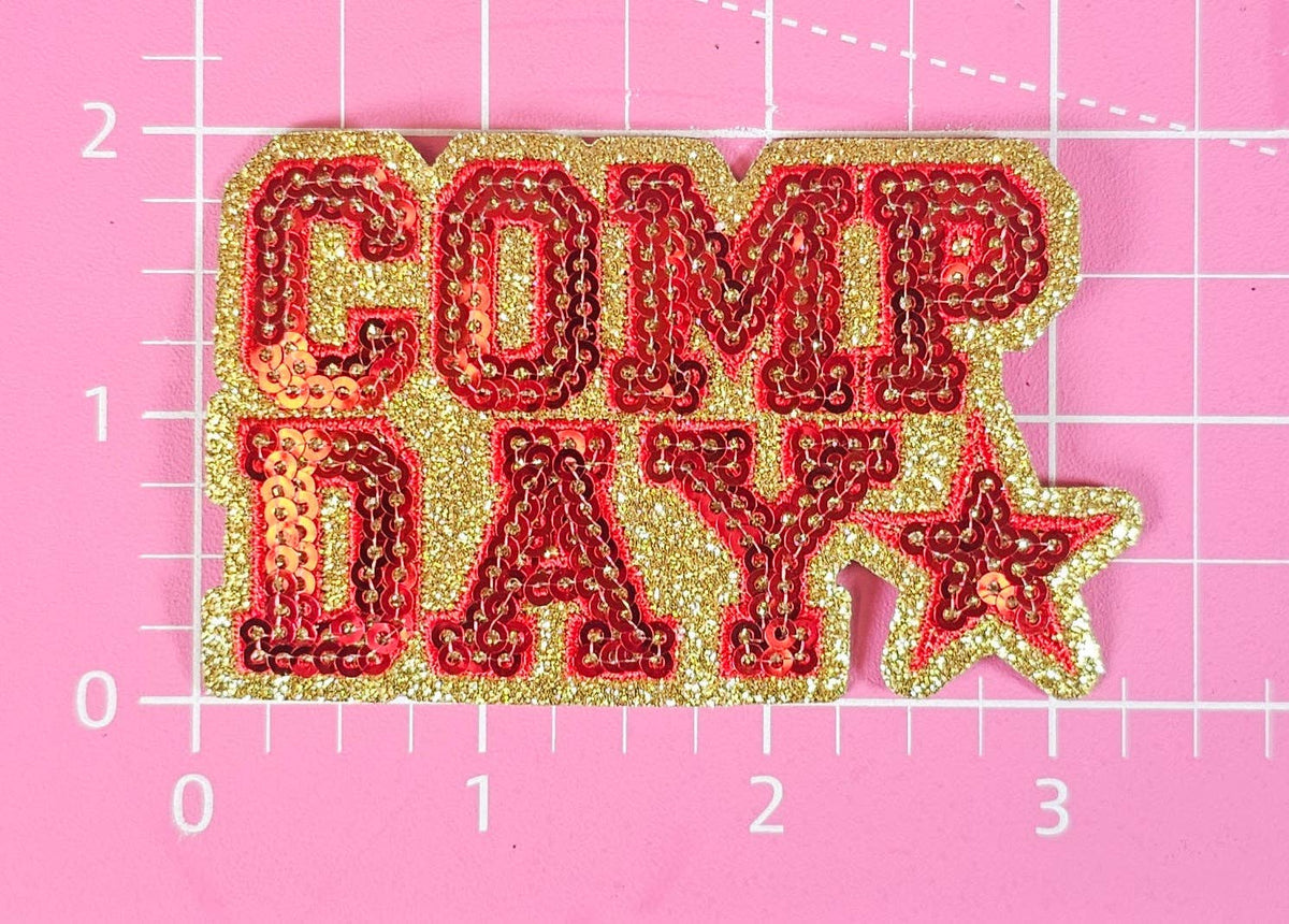 COMP DAY Cheer Dance Sequin on Glitter Small Iron-on Patch: Orange