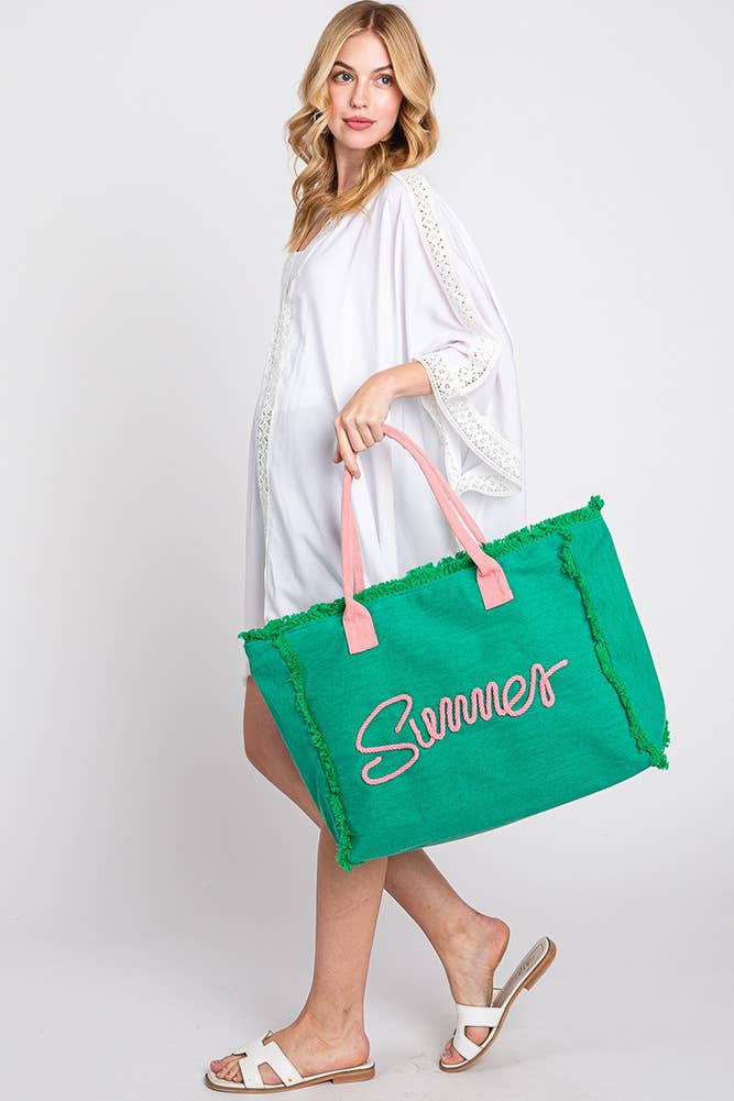 Sewn Rope Summer Letter Fringed Canvas Bag: Green