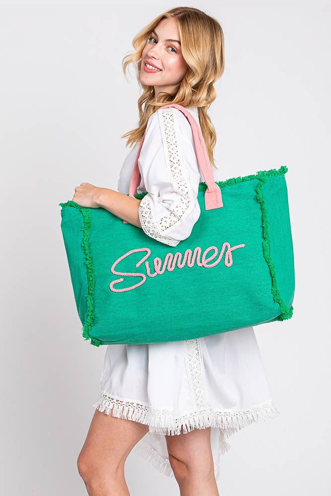 Sewn Rope Summer Letter Fringed Canvas Bag: Green
