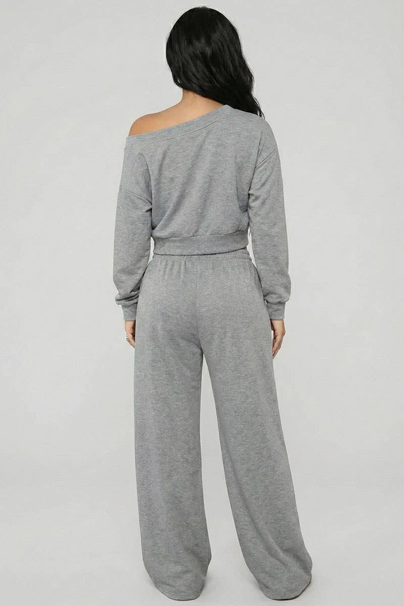 Effortless Ease French Terry Off-Shoulder Lounge Set: Charcoal Grey