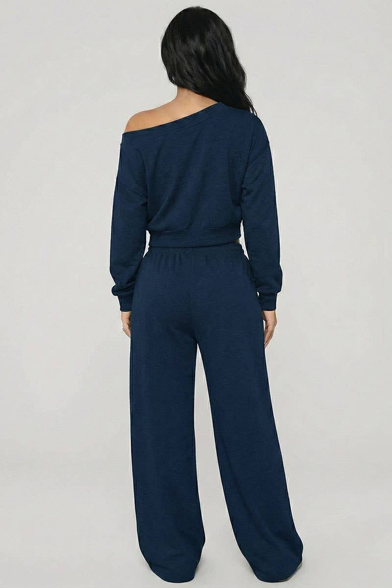 Effortless Ease French Terry Off-Shoulder Lounge Set: Deep Navy