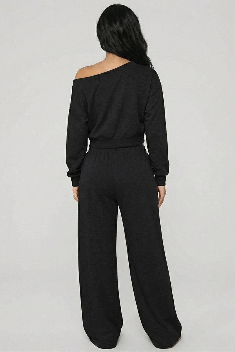 Effortless Ease French Terry Off-Shoulder Lounge Set: Charcoal Grey