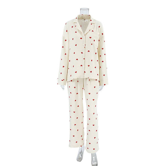 Valentine's Day heart print pajamas cotton loungewear set: Apricot