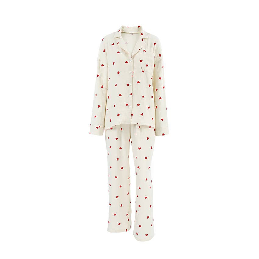 Valentine's Day heart print pajamas cotton loungewear set: Apricot