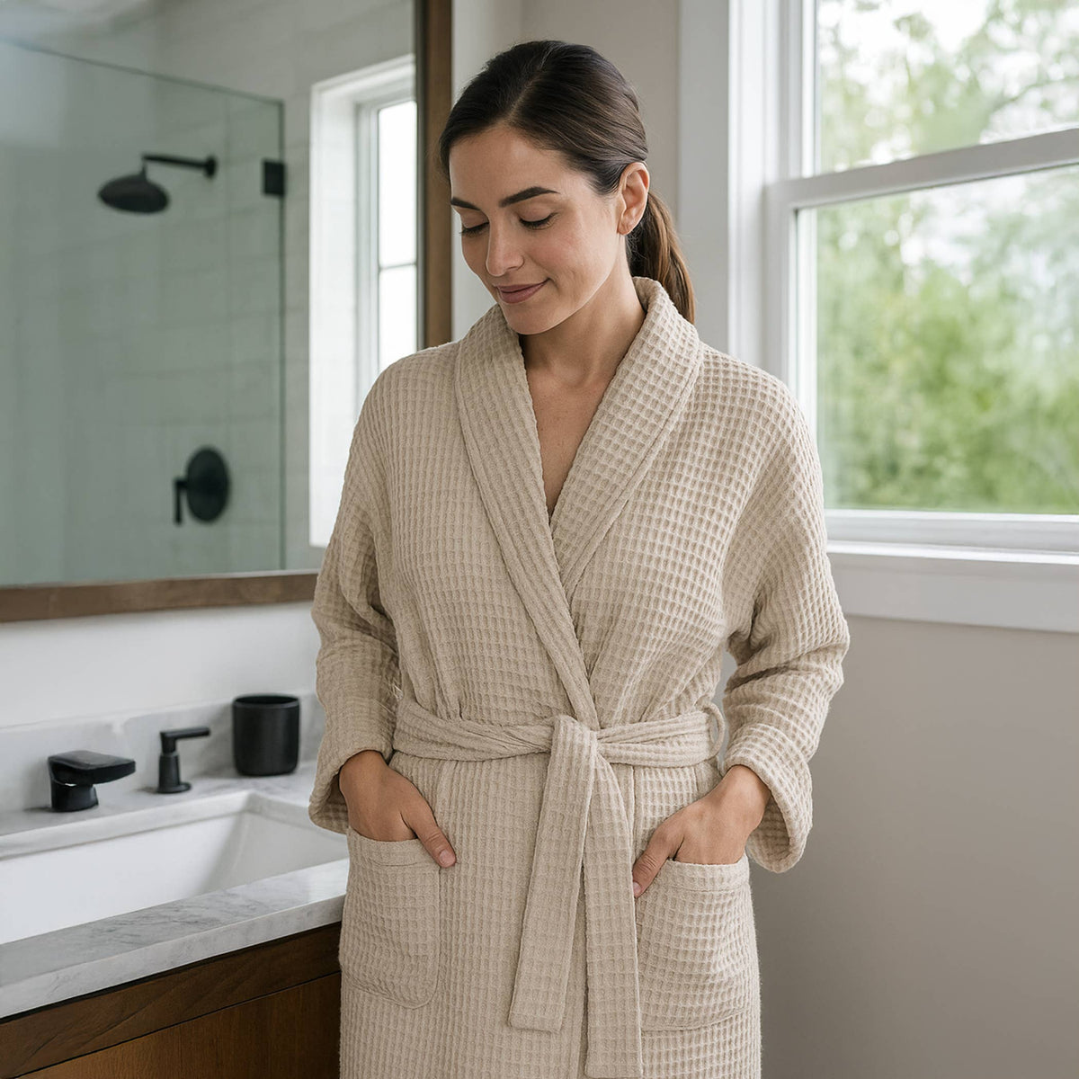 Lightweight Waffle Bathrobe, Spa Dressing Gown Kimono: Linen