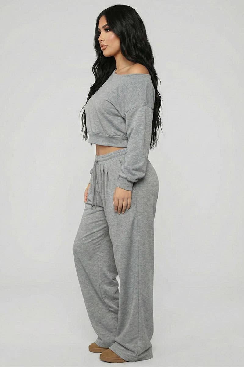 Effortless Ease French Terry Off-Shoulder Lounge Set: Deep Navy