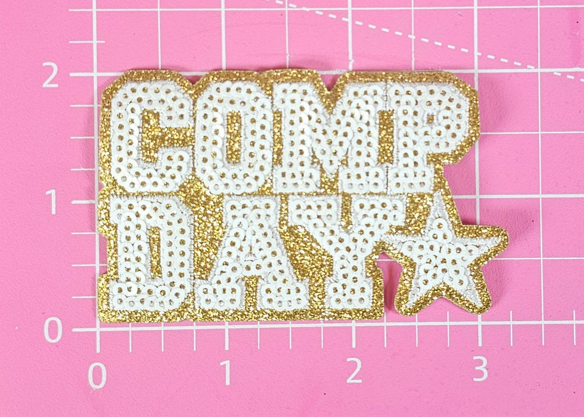 COMP DAY Cheer Dance Sequin on Glitter Small Iron-on Patch: Orange