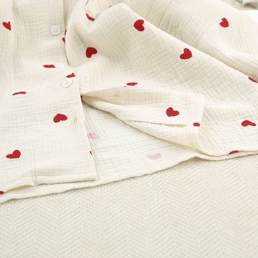 Valentine's Day heart print pajamas cotton loungewear set: Apricot