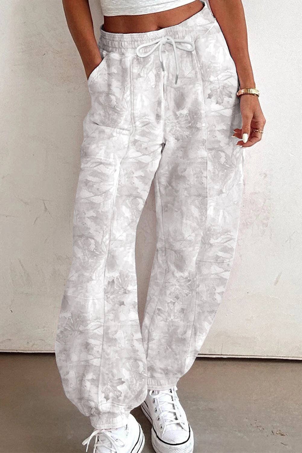 Beige Camo Print Baggy Drawstring Jogger Sweatpants: Beige