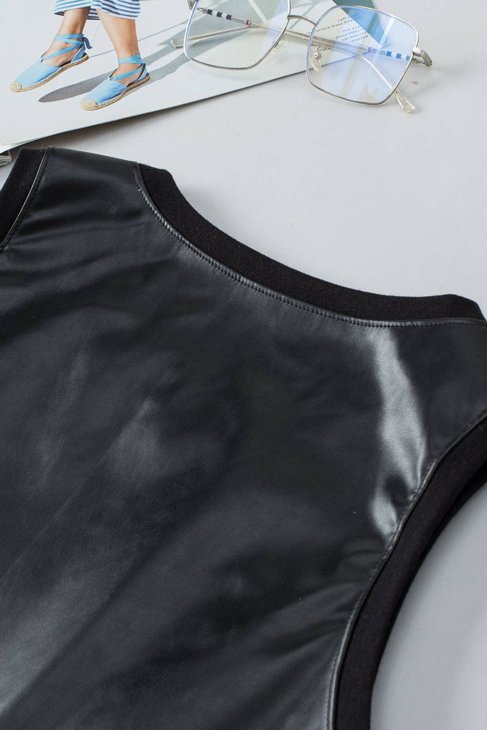 Black Faux Leather Crew Neck Tank Top: Black