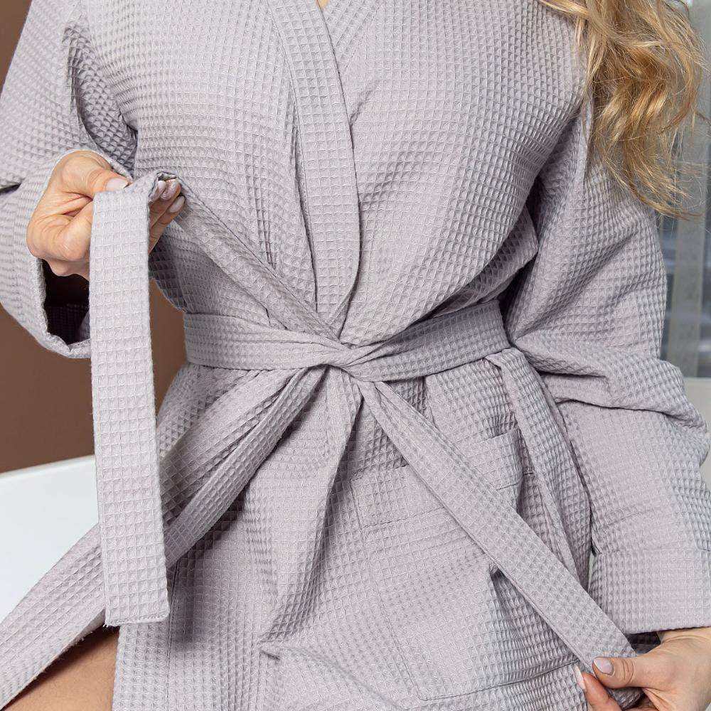 Lightweight Waffle Bathrobe, Spa Dressing Gown Kimono: Gray