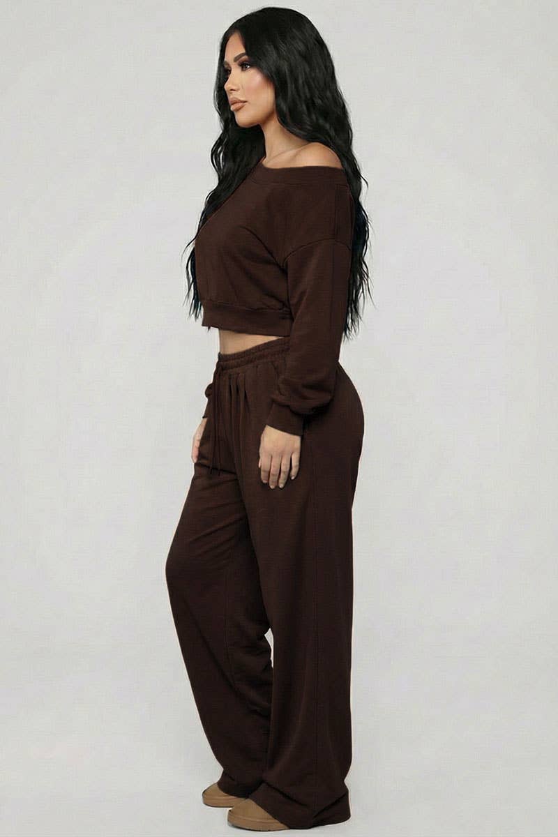 Effortless Ease French Terry Off-Shoulder Lounge Set: Deep Navy