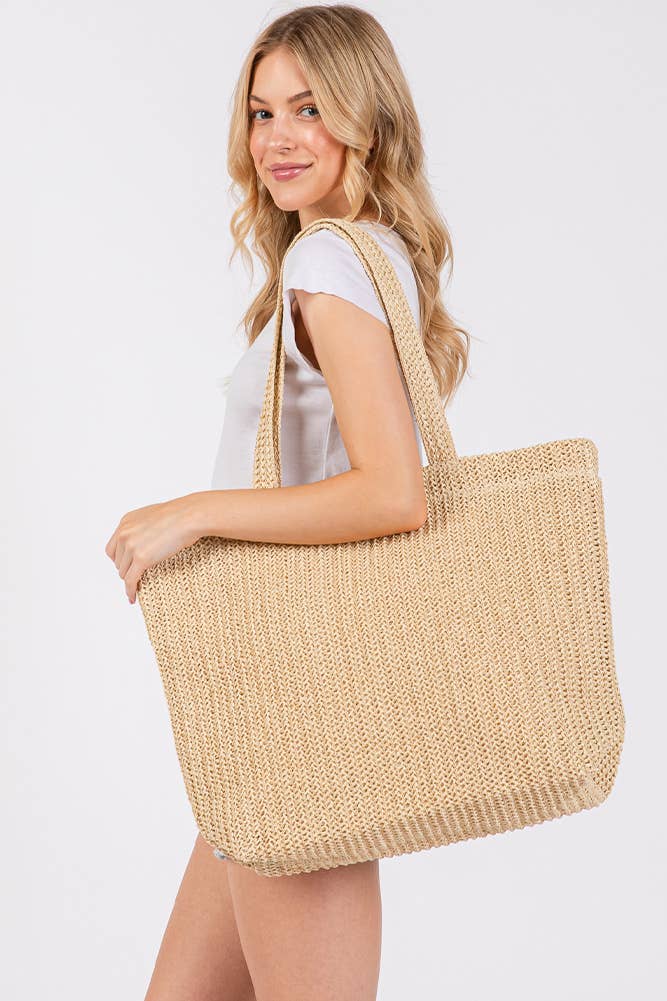 Solid Color Crochet Summer Straw Tote Bag: Olive