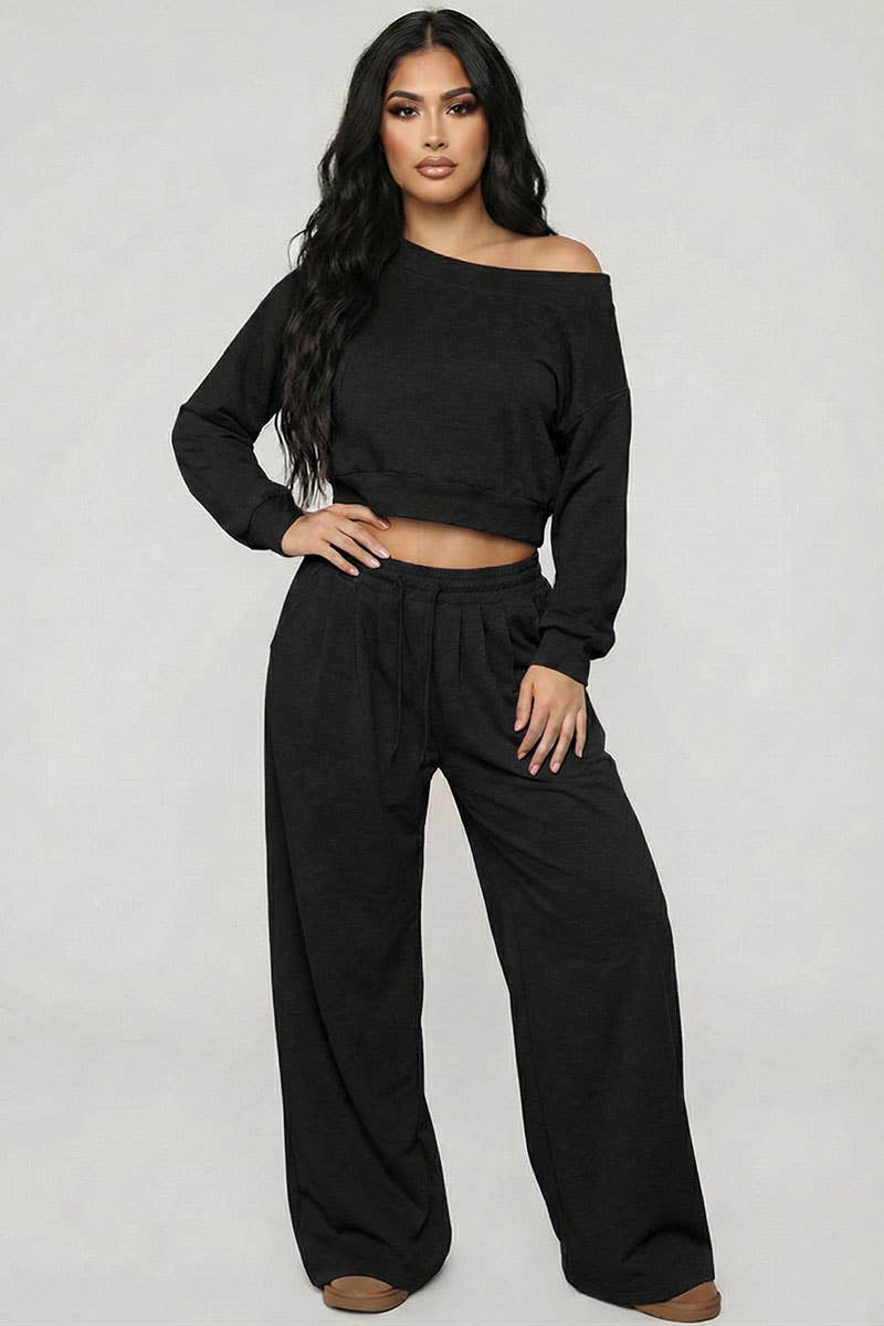 Effortless Ease French Terry Off-Shoulder Lounge Set: Charcoal Grey