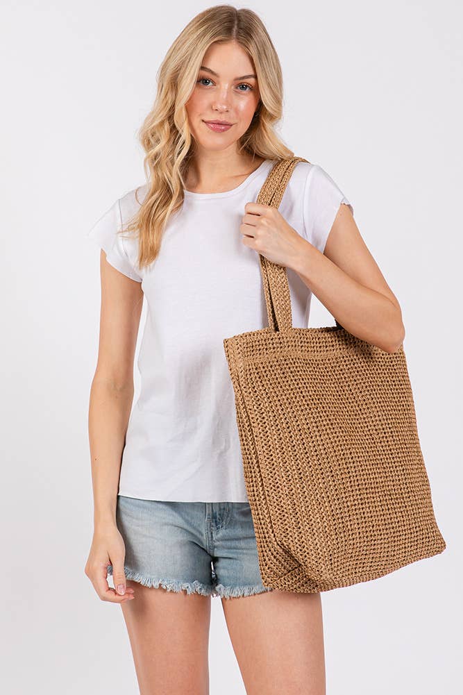 Solid Color Crochet Summer Straw Tote Bag: Taupe