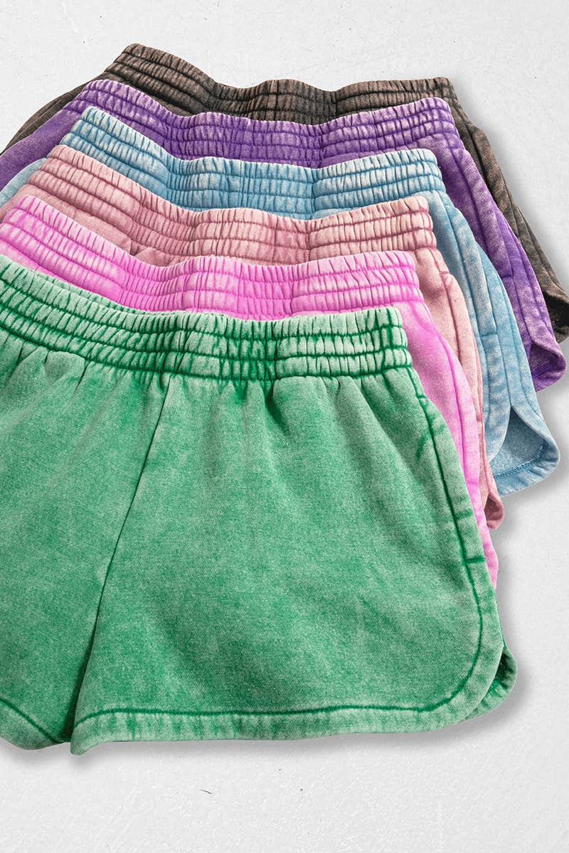 Acid Wash Elastic Waistband Fleece Shorts