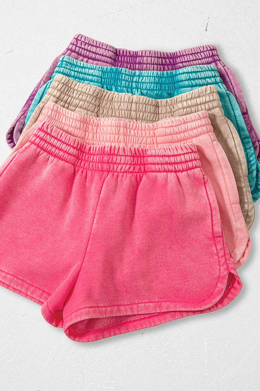 Acid Wash Elastic Waistband Fleece Shorts
