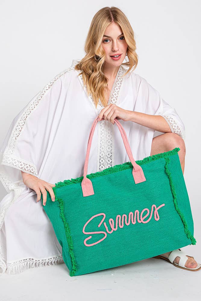 Sewn Rope Summer Letter Fringed Canvas Bag: Green