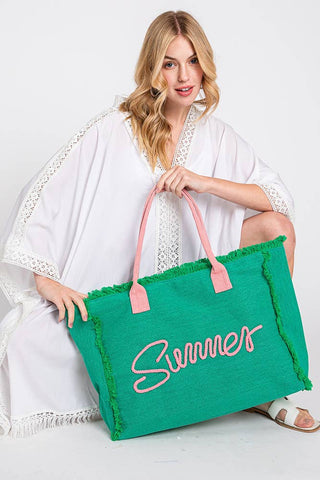 Sewn Rope Summer Letter Fringed Canvas Bag: Green